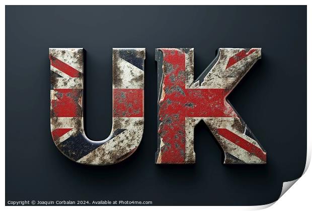 the letter UK painted with the iconic colors of the British flag, representing unity and national pride. Print by Joaquin Corbalan