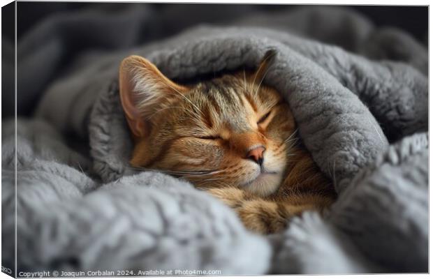 A contented cat peacefully sleeps on top of a warm blanket placed on a comfortable bed. Canvas Print by Joaquin Corbalan