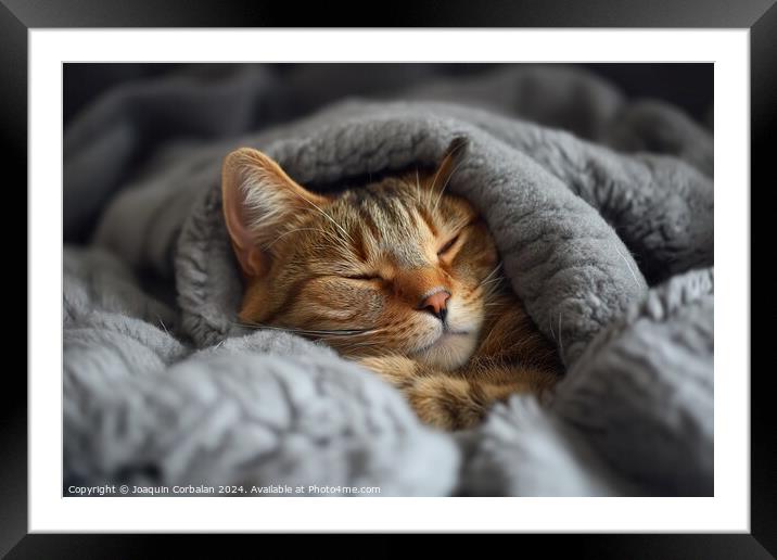 A contented cat peacefully sleeps on top of a warm blanket placed on a comfortable bed. Framed Mounted Print by Joaquin Corbalan