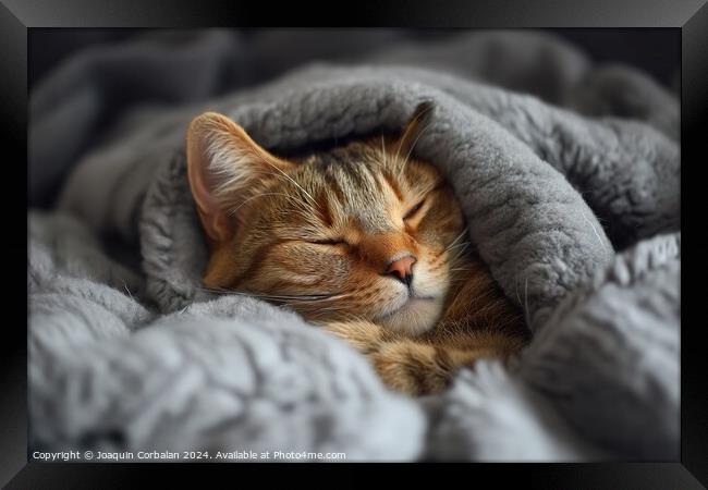 A contented cat peacefully sleeps on top of a warm blanket placed on a comfortable bed. Framed Print by Joaquin Corbalan
