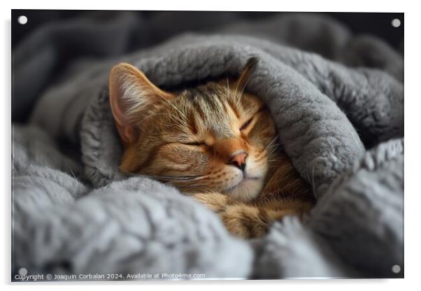 A contented cat peacefully sleeps on top of a warm blanket placed on a comfortable bed. Acrylic by Joaquin Corbalan