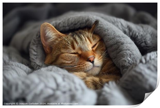 A contented cat peacefully sleeps on top of a warm blanket placed on a comfortable bed. Print by Joaquin Corbalan