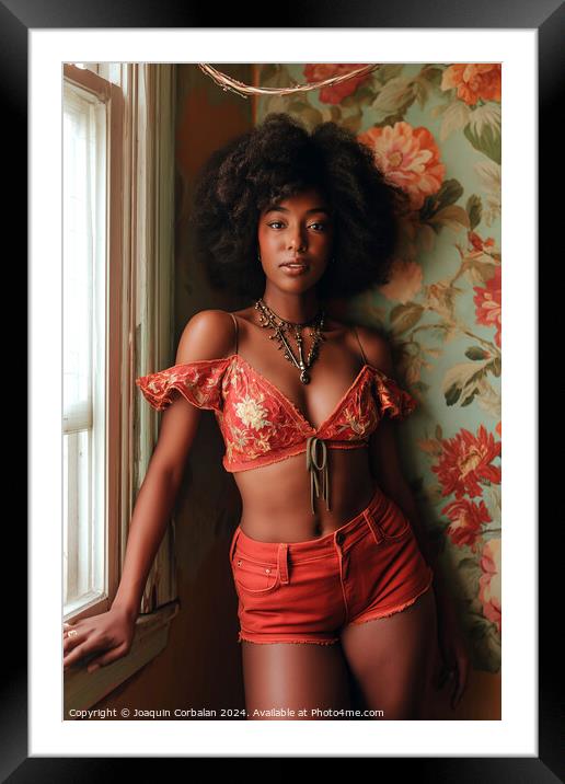 A woman wearing a bikini top and shorts leans against a wall. Framed Mounted Print by Joaquin Corbalan