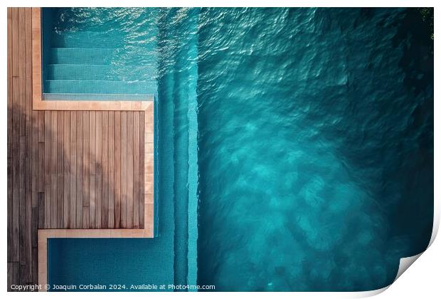 an aerial perspective of a swimming pool with a wooden deck. The pool is surrounded by the deck, providing ample space for relaxation and recreation. Print by Joaquin Corbalan