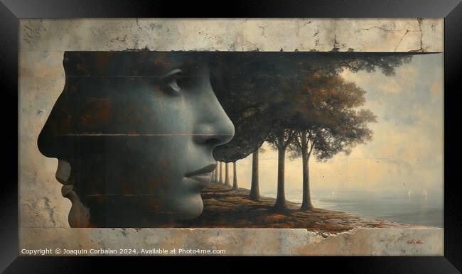 The surrealism style emphasizes intimacy and stillness, while the raw elements add depth to the artwork. Framed Print by Joaquin Corbalan