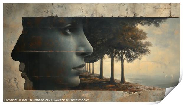 The surrealism style emphasizes intimacy and stillness, while the raw elements add depth to the artwork. Print by Joaquin Corbalan