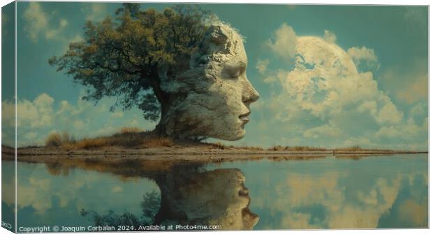 surrealistic painting featuring a tree and a mans face. The artwork showcases elements of intimacy and stillness, creating a raw and unconventional visual experience Canvas Print by Joaquin Corbalan