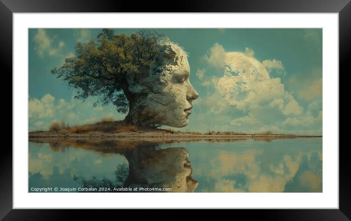 surrealistic painting featuring a tree and a mans face. The artwork showcases elements of intimacy and stillness, creating a raw and unconventional visual experience Framed Mounted Print by Joaquin Corbalan