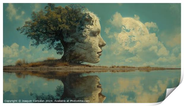 surrealistic painting featuring a tree and a mans face. The artwork showcases elements of intimacy and stillness, creating a raw and unconventional visual experience Print by Joaquin Corbalan