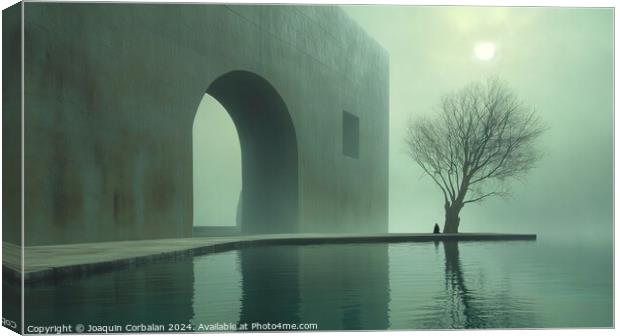A stark lone tree stands in the center of a serene pool, creating an image that combines raw surrealism with a sense of intimacy and stillness. Canvas Print by Joaquin Corbalan