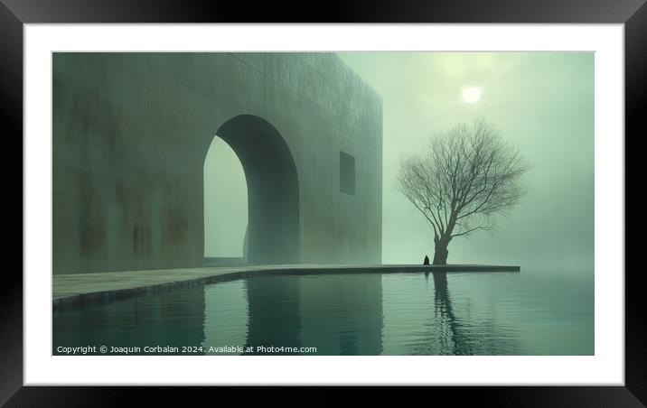 A stark lone tree stands in the center of a serene pool, creating an image that combines raw surrealism with a sense of intimacy and stillness. Framed Mounted Print by Joaquin Corbalan