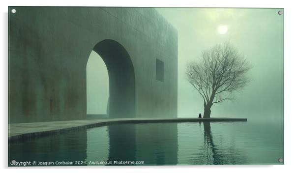 A stark lone tree stands in the center of a serene pool, creating an image that combines raw surrealism with a sense of intimacy and stillness. Acrylic by Joaquin Corbalan
