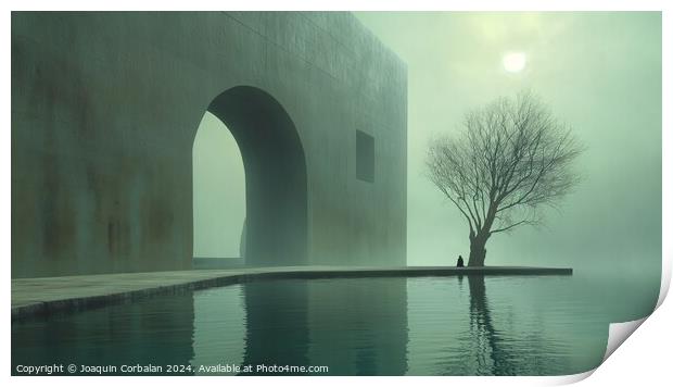 A stark lone tree stands in the center of a serene pool, creating an image that combines raw surrealism with a sense of intimacy and stillness. Print by Joaquin Corbalan