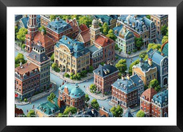 This photo captures an expansive aerial view of a bustling city filled with stepped and scattered buildings. The city is rich with activity and movement, with cars and pedestrians bustling through the streets below. Framed Mounted Print by Joaquin Corbalan