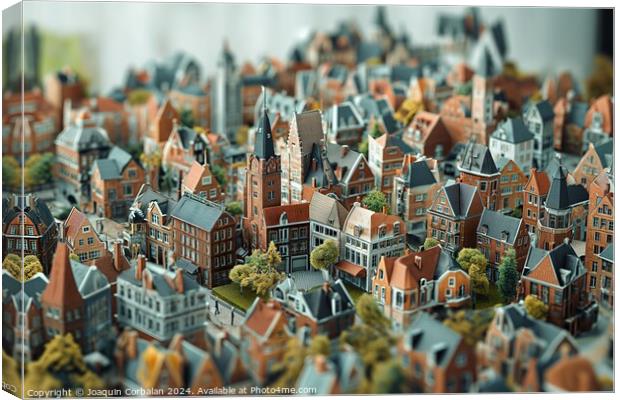 bustling scene of a model city, with its stepped and scattered buildings and busy cart Canvas Print by Joaquin Corbalan