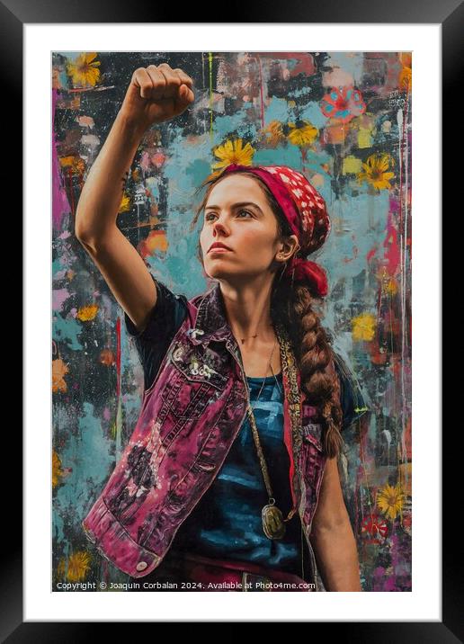 a painting of a woman proudly wearing a bandana. The image depicts a symbol of strength and empowerment within the context of the spring feminism Framed Mounted Print by Joaquin Corbalan