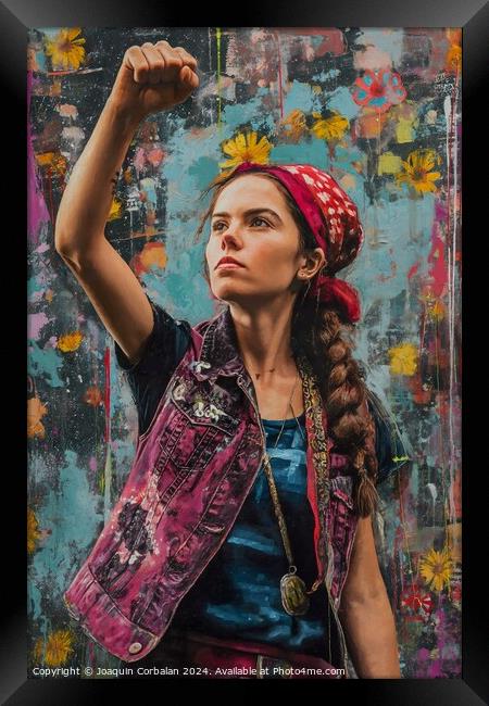a painting of a woman proudly wearing a bandana. The image depicts a symbol of strength and empowerment within the context of the spring feminism Framed Print by Joaquin Corbalan