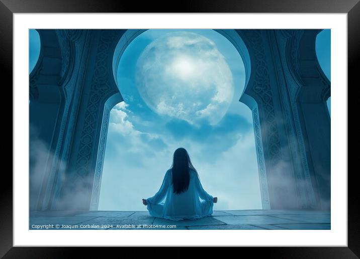 woman seated in the middle of a spacious room, portraying a spiritual inner harmony theme. Framed Mounted Print by Joaquin Corbalan