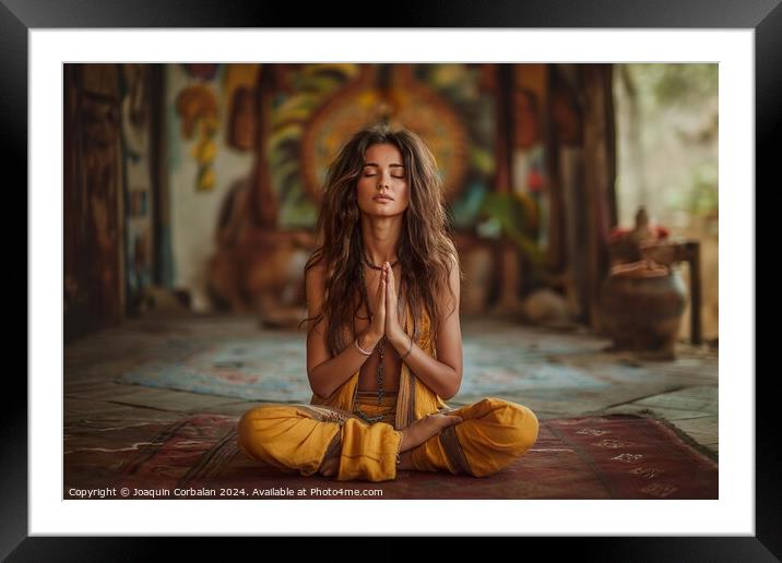 A photograph capturing a woman dressed in a yellow outfit, deep in meditation, inside a room with serene ambiance. Framed Mounted Print by Joaquin Corbalan