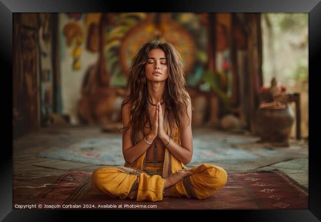 A photograph capturing a woman dressed in a yellow outfit, deep in meditation, inside a room with serene ambiance. Framed Print by Joaquin Corbalan