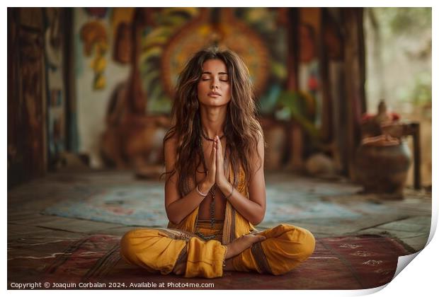 A photograph capturing a woman dressed in a yellow outfit, deep in meditation, inside a room with serene ambiance. Print by Joaquin Corbalan