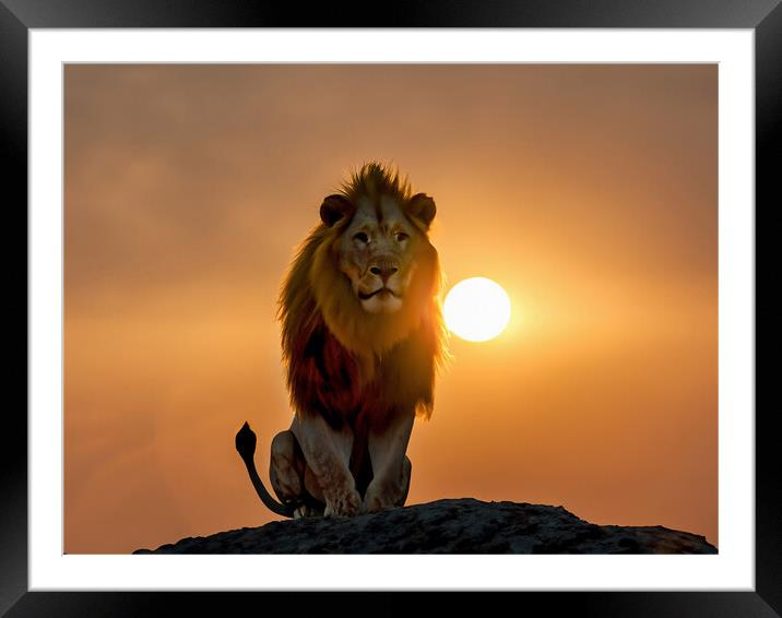Lion at sunset or sunrise Framed Mounted Print by Alan Tunnicliffe