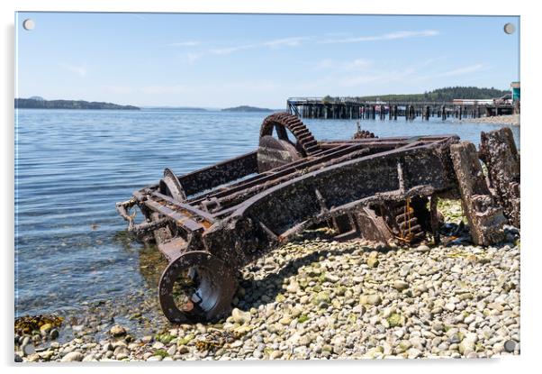 Abandoned Machinery  on the beach of Alert Bay with an old disused pier behind behind, British Columbia, Canada Acrylic by Dave Collins