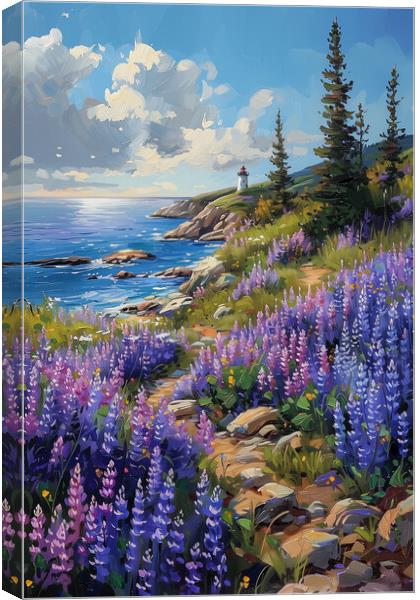 Coastal Lupines in Maine Oil Painting Canvas Print by T2 