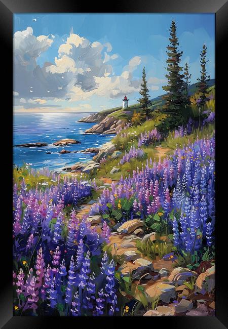 Coastal Lupines in Maine Oil Painting Framed Print by T2 