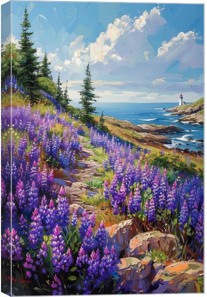 Coastal Lupines in Maine Oil Painting Canvas Print by T2 