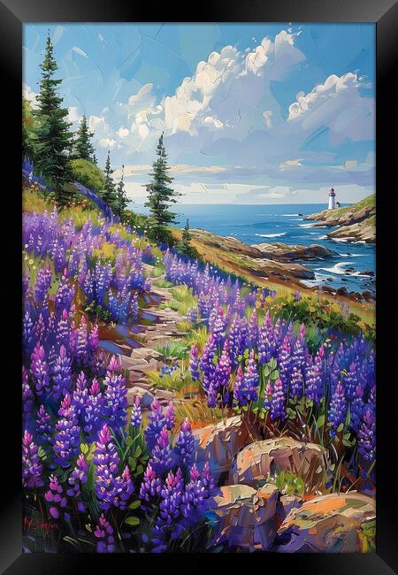 Coastal Lupines in Maine Oil Painting Framed Print by T2 
