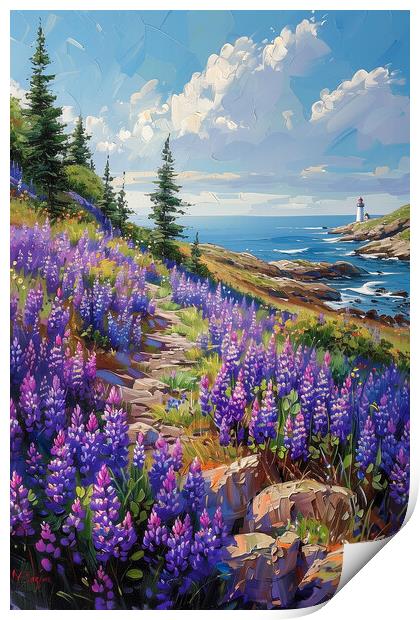 Coastal Lupines in Maine Oil Painting Print by T2 