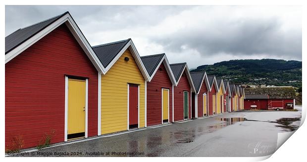Boat houses in Red and Yellow with Mountains background in Norway Print by Maggie Bajada