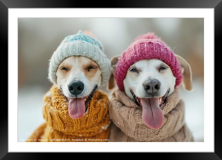 Two greyhound dogs, wearing knitted hats and scarves, enjoying the snow. Framed Mounted Print by Joaquin Corbalan