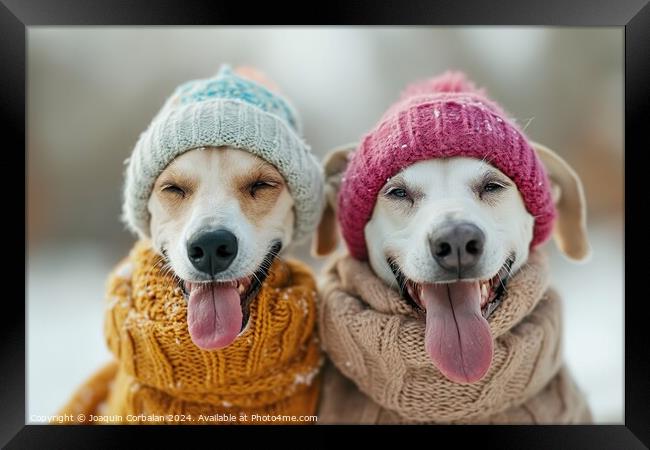 Two greyhound dogs, wearing knitted hats and scarves, enjoying the snow. Framed Print by Joaquin Corbalan