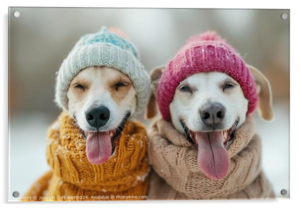 Two greyhound dogs, wearing knitted hats and scarves, enjoying the snow. Acrylic by Joaquin Corbalan