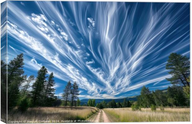 A dirt road runs through the middle of a vast field under a sky with cloud trails, creating a simple and rustic rural scene. Canvas Print by Joaquin Corbalan