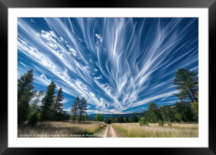 A dirt road runs through the middle of a vast field under a sky with cloud trails, creating a simple and rustic rural scene. Framed Mounted Print by Joaquin Corbalan