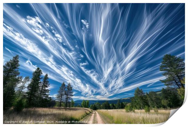 A dirt road runs through the middle of a vast field under a sky with cloud trails, creating a simple and rustic rural scene. Print by Joaquin Corbalan