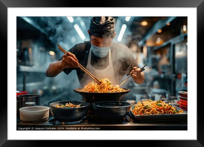 A man is seen in a kitchen using chopsticks to prepare food, possibly Japanese ramen. He is focused on the task at hand. Framed Mounted Print by Joaquin Corbalan