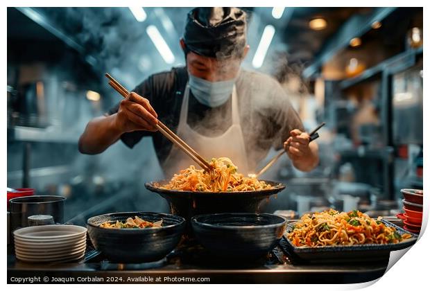 A man is seen in a kitchen using chopsticks to prepare food, possibly Japanese ramen. He is focused on the task at hand. Print by Joaquin Corbalan