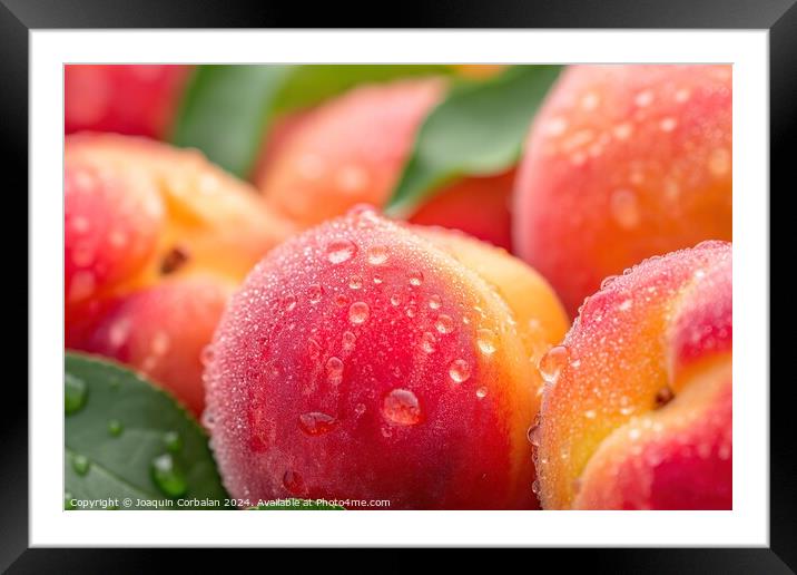 A detailed view capturing the water droplets on a bunch of peaches, highlighting their vibrant colors and juicy texture. Framed Mounted Print by Joaquin Corbalan