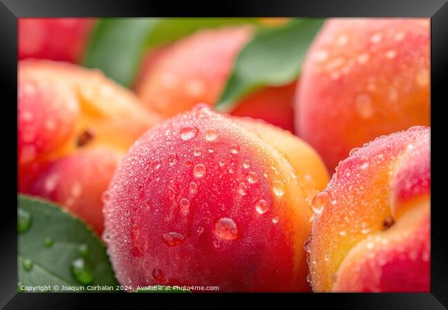 A detailed view capturing the water droplets on a bunch of peaches, highlighting their vibrant colors and juicy texture. Framed Print by Joaquin Corbalan