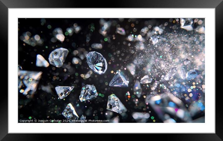 A multitude of sparkling diamonds are seen flying through the air, catching the light and shimmering brightly as they move. Framed Mounted Print by Joaquin Corbalan