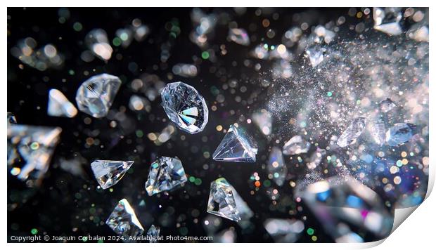A multitude of sparkling diamonds are seen flying through the air, catching the light and shimmering brightly as they move. Print by Joaquin Corbalan