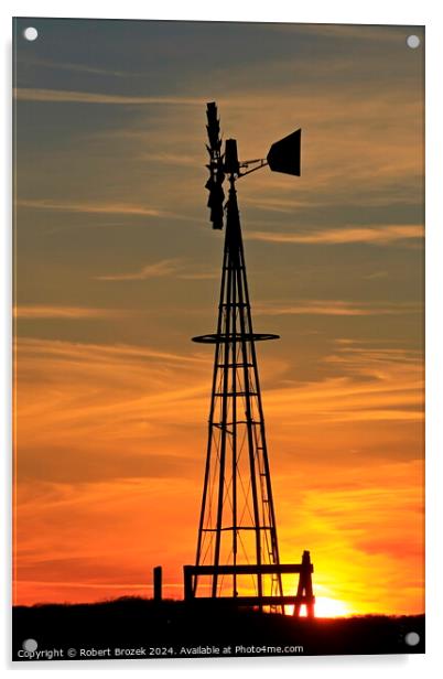 Kansas Golden Sky with clouds with a Farm Windmill silhouette Acrylic by Robert Brozek
