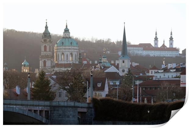 Church towers and historic buildings in the evening sun in Prague Print by Lensw0rld 