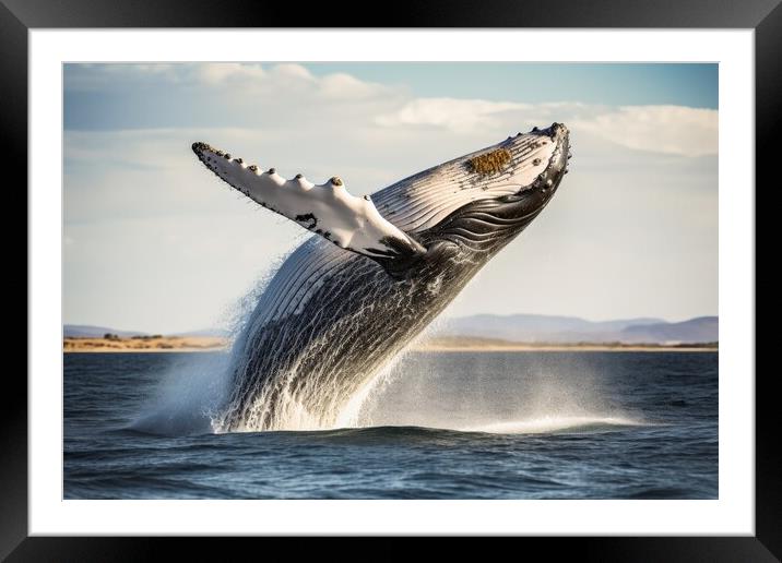 A big whale jumping half out of the water. Framed Mounted Print by Michael Piepgras