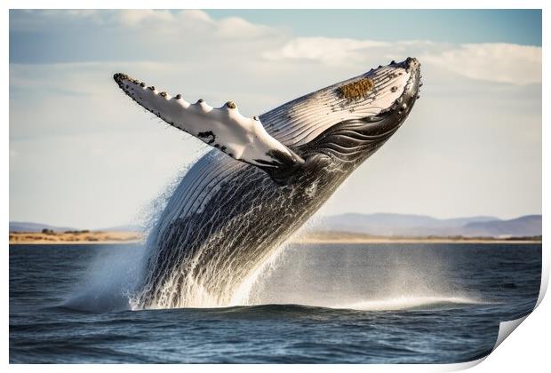 A big whale jumping half out of the water. Print by Michael Piepgras