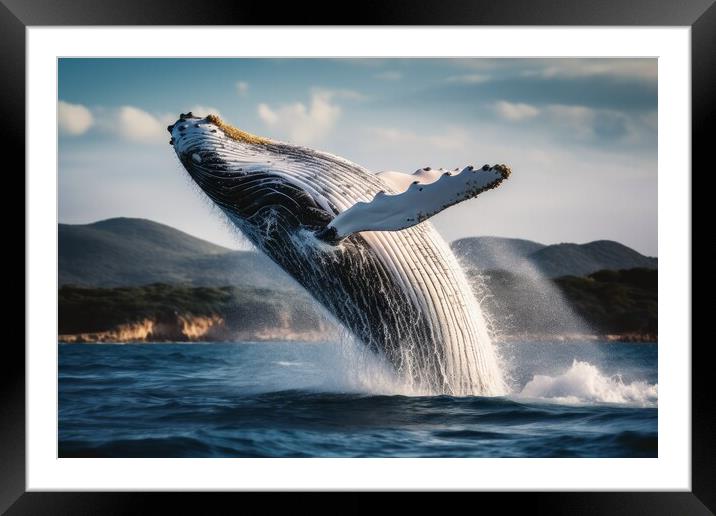 A big whale jumping half out of the water. Framed Mounted Print by Michael Piepgras